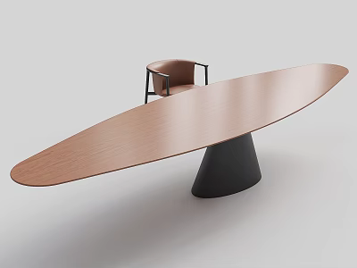 Modern Wooden Oval Dining Table With Black Base And Brown Chair 3d model