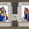 Two Abstract Paintings Displayed On Wall With Transformers Figurine In Showcase 3d model