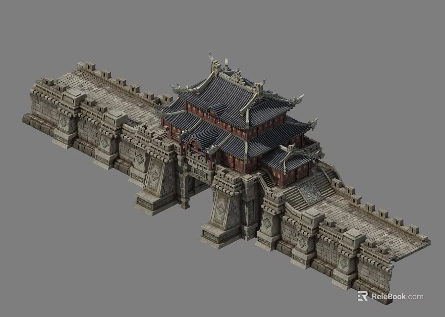 Cartoon Scene Featuring Ancient Chinese City Gate With Tile Roofs Curved Eaves And Stone Walls 3d model 