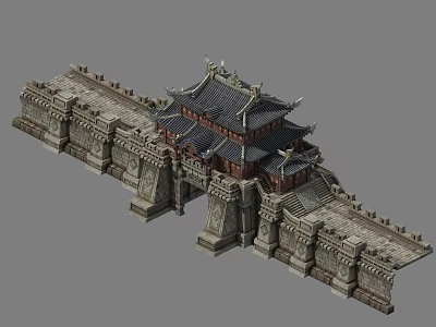 Cartoon Scene Featuring Ancient Chinese City Gate With Tile Roofs Curved Eaves And Stone Walls 3d model