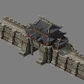 Cartoon Scene Featuring Ancient Chinese City Gate With Tile Roofs Curved Eaves And Stone Walls
