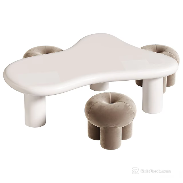 White Curved Children's Table With Smooth Tabletop And Beige Padded Round Stools 3d model 