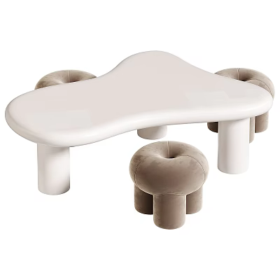 White Curved Children's Table With Smooth Tabletop And Beige Padded Round Stools 3d model