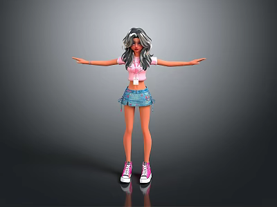 Anime Style 3D Girl Model With Pink Top Denim Skirt And Pink Sneakers 3d model