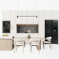 Modern Dining Table Set With Beige Chairs Hanging Pendant Lights And Marble Backsplash 3d model