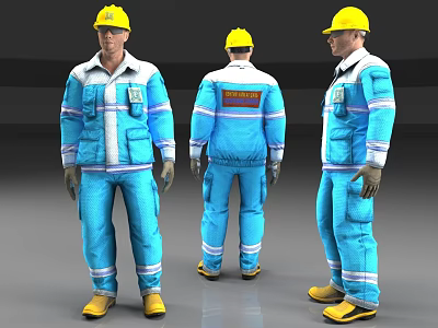 Men in Blue Work Uniforms and Yellow Hard Hats Front Back and Side Views 3d model