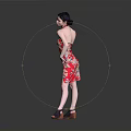 Woman Posing in Red Floral Qipao with Hand on Waist and Neck Against Gray Background