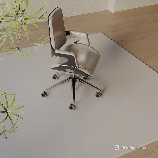 Modern Office Chair With Leather Upholstery Swivel Wheels And Green Plant Accents 3d model 