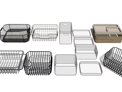 Household Storage Organizers With Metal Wire Baskets Clear Plastic Boxes Wooden Containers And Rectangular Shapes 3d model