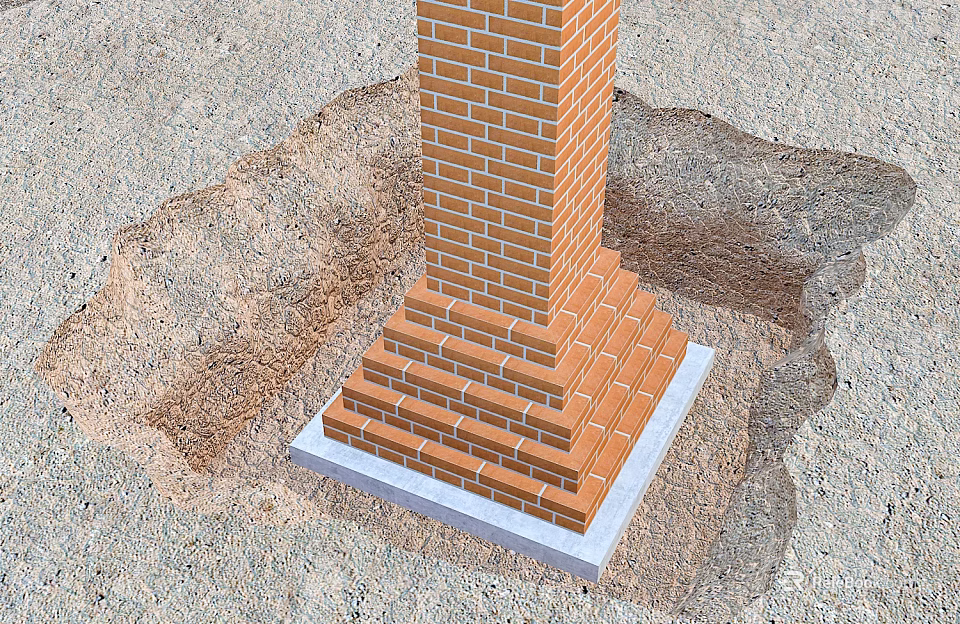Brick Column Building Component With Concrete Foundation And Surrounding Soil 3d model 