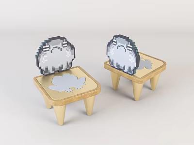 Cute Wooden Kids Chair With Pixel Style Cloud Pattern Backrest Design 3d model
