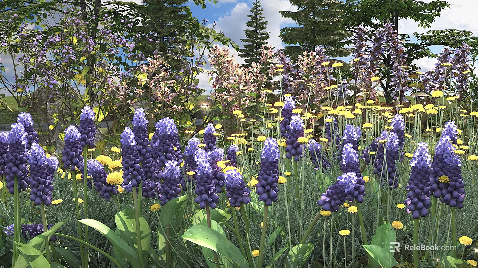 Vibrant Purple Flowers With Yellow Blooms And Green Leaves In Garden Under Blue Sky 3d model 