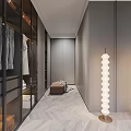 Modern Walk In Closet With Glass Fronts Organized Storage And Cozy Seat