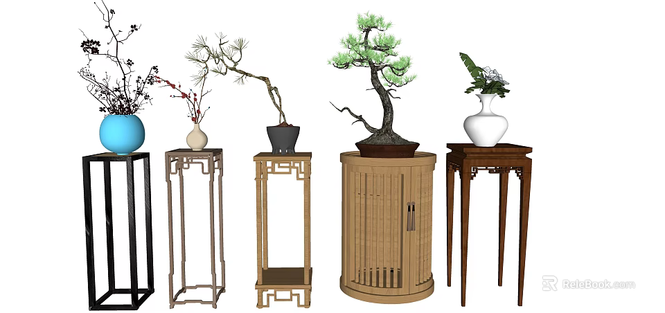 Decorative Vases With Flowers And Bonsai On Various Wooden Metal Plant Stands 3d model 