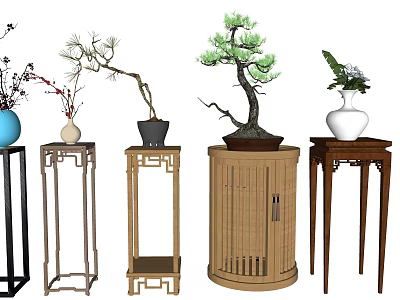 Decorative Vases With Flowers And Bonsai On Various Wooden Metal Plant Stands 3d model