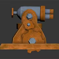 Mechanical Device With Orange Base Blue Upper Structure And Metallic Bolts On Reflective Surface