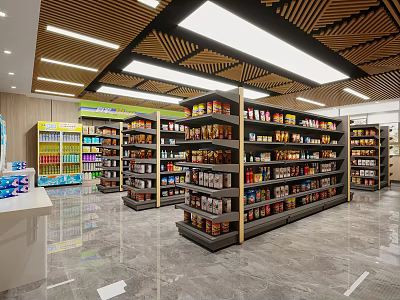 Well Lit Supermarket Interior With Neatly Arranged Shelves And Various Daily Products 3d model
