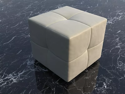 Modern Minimalist Beige Cube Ottoman with Upholstered Square Panels on Black Marble 3d model
