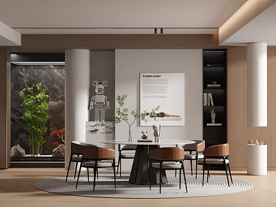 Modern Restaurant Interior Design With Open Layout Dining Table Chairs Green Plants And Artwork 3d model
