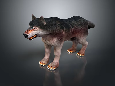 Realistic 3D Wolf Standing With Black And Gray Fur Sharp Teeth And Claws 3d model