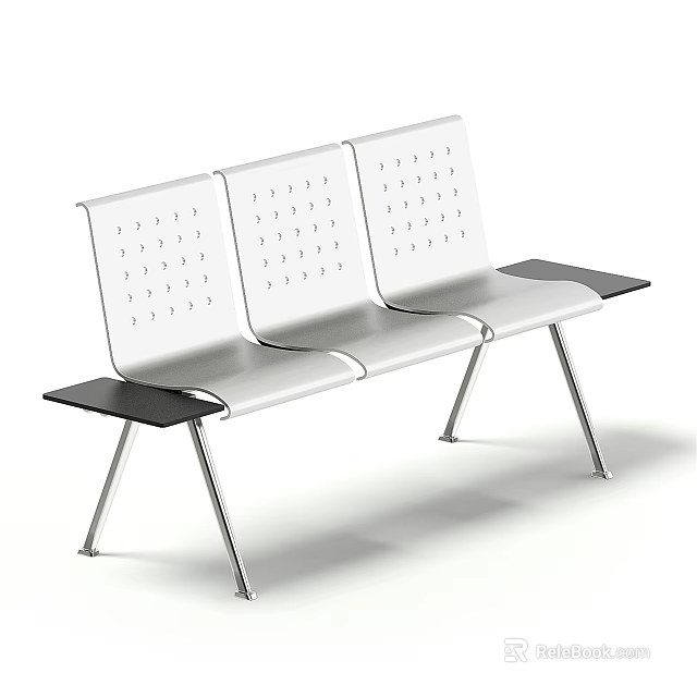 Modern Public Chair With Three Seats White Backrest Seat Perforated Pattern Black Armrests Metal Legs 3d model 