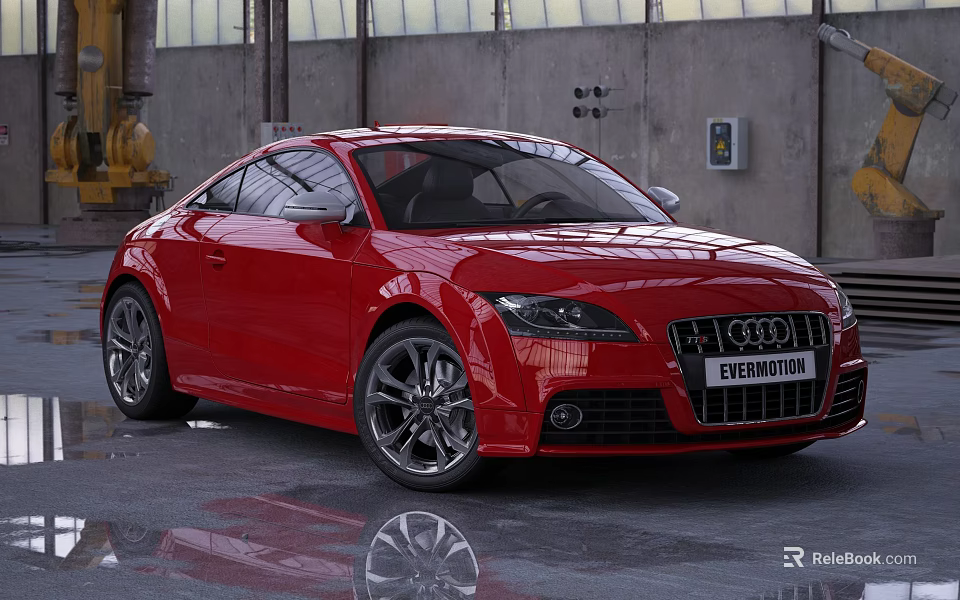 Red Audi Coupe Car In Industrial Workshop With Shiny Exterior And Alloy Wheels 3d model 