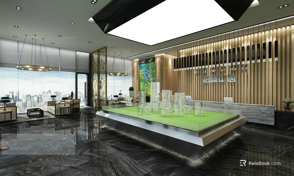 Modern Sales Office Interior Design Featuring Model Display And Reception Area With Wooden Decor And Lighting 3d model 