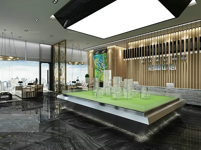 Modern Sales Office Interior Design Featuring Model Display And Reception Area With Wooden Decor And Lighting 3d model