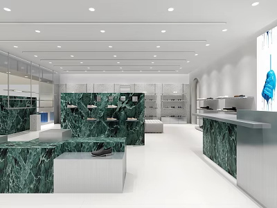 Modern Luxury Retail Store Interior With Green Marble Counters And Display Shelves 3d model