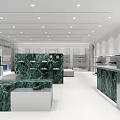 Modern Luxury Retail Store Interior With Green Marble Counters And Display Shelves