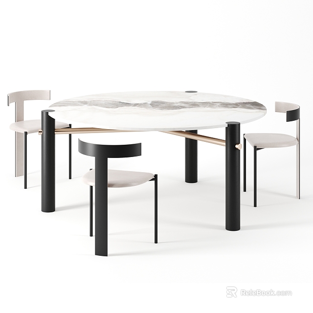Round Marble Top Modern Dining Table With Black Metal Legs And Beige Chairs 3d model 