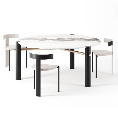 Round Marble Top Modern Dining Table With Black Metal Legs And Beige Chairs 3d model