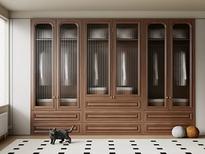Modern Wooden Wardrobe With Glass Doors And Drawers In Interior Design 3d model