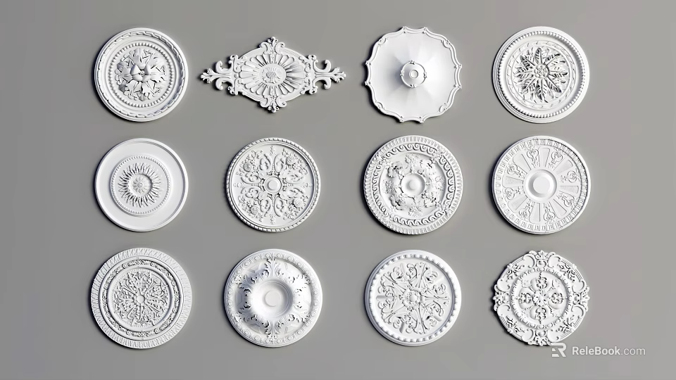 White Ceiling Medallions with Various Ornate Carvings and Circular Designs for Interior Decoration 3d model 