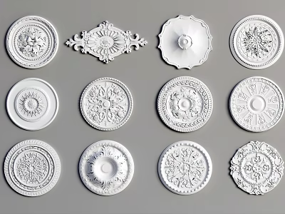 White Ceiling Medallions with Various Ornate Carvings and Circular Designs for Interior Decoration 3d model