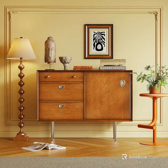 Wooden Console Side Cabinet With Drawers Doors Wall Art Sculpture And Plant 3d model 