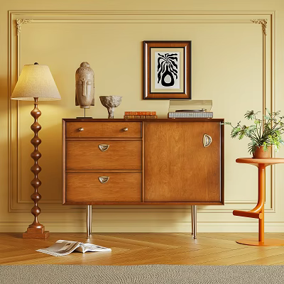 Wooden Console Side Cabinet With Drawers Doors Wall Art Sculpture And Plant 3d model