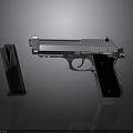 Silver Metallic Pistol Handgun With Detachable Magazine On Black Reflective Surface