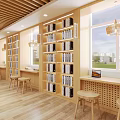 School Library Interior With Wooden Ceiling Bookshelves Bright Reading Area Sofa And
