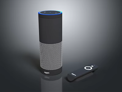 Black Cylindrical Smart Speaker Featuring Mesh Design Blue Top Ring And Remote Control 3d model