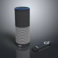 Black Cylindrical Smart Speaker Featuring Mesh Design Blue Top Ring And Remote Control