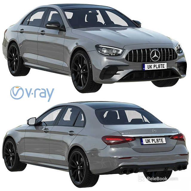 Gray Mercedes Sedan With Black Wheels Modern Design Vray Rendered Front Rear Views Headlights Taillights 3d model 