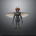 Cosmic Armored Insect Creature Standing With Red Eyes And Transparent Wings In Space