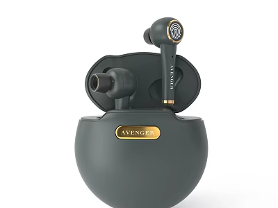 AVENGER Dark Green Wireless Earbuds With Round Charging Case And Gold Accents 3d model