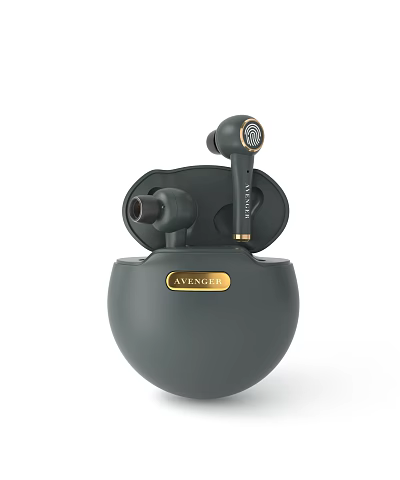 AVENGER Dark Green Wireless Earbuds With Round Charging Case And Gold Accents 3d model