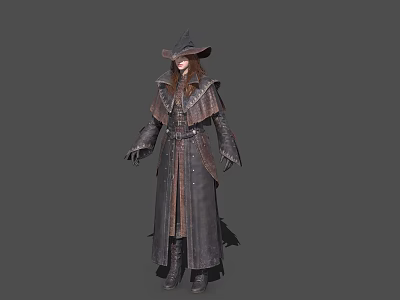 Mystical Medieval Game Movie Character With Brown Witch Hat And Leather Long Coat 3d model
