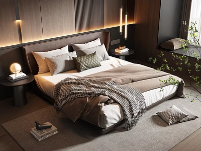 Modern Bedroom Interior With Wooden Headboard Bedside Lamps Pillows Blanket Rug And Green Plants 3d model