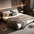 Modern Bedroom Interior With Wooden Headboard Bedside Lamps Pillows Blanket Rug And Green Plants