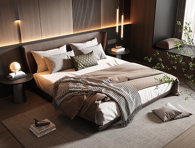 Minotti Bedroom Leather Double Bed Fabric Double Bed Small Chandelier Dark Italian Style Light Luxury 3d model