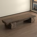 Rustic Long Wooden Stool With Carved Square Legs On Wooden Floor By Window City View